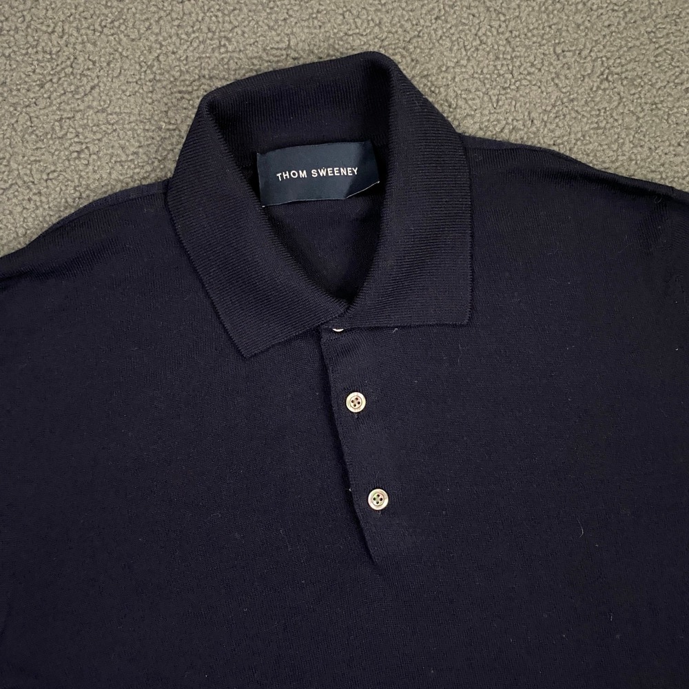 Thom Sweeney Polo Shirt FITS Mens Small Navy Wool Knit Fitted Preppy Sweater